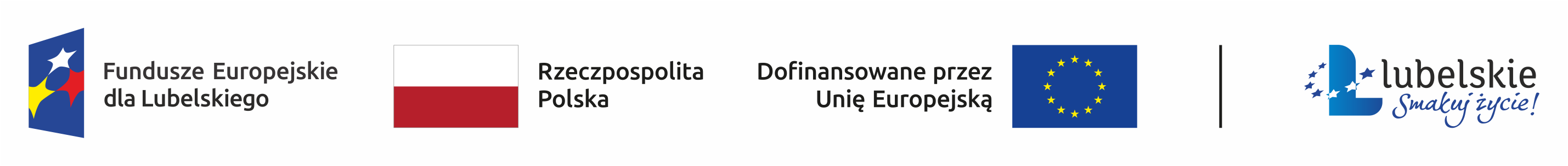 Od lewej: logotyp Funduszy Europejskich dla Lubelskiego, flaga Rzeczpospolitej Polskiej, flaga Unii Europejskiej i napis Dofinansowane przez Unię Europejską oraz logo Lubelskie Smakuj Życie