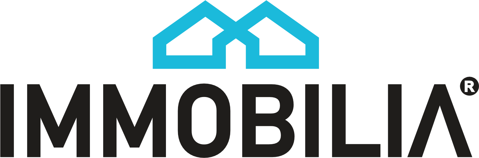 Immobilia logo - niebieski rysunek dwóch połączonych dachów, pod nim napis: Immobilia