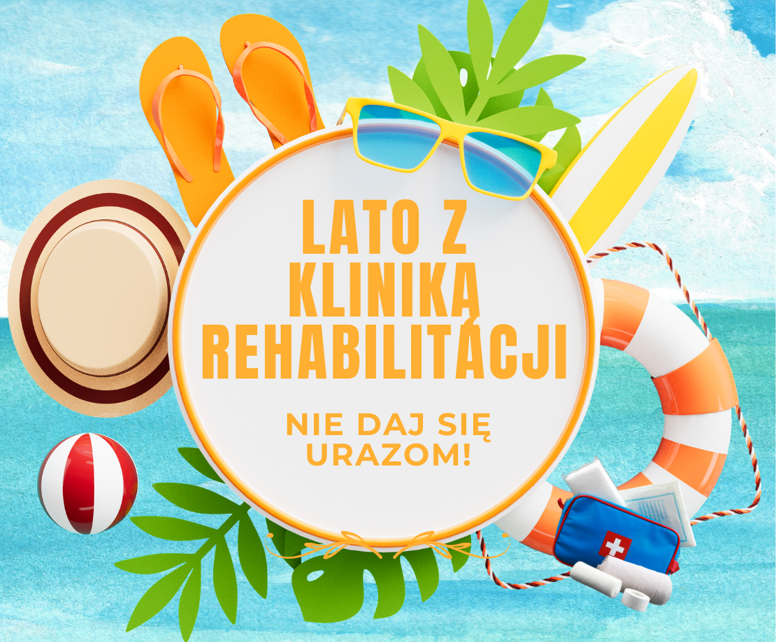 Grafika przedstawiająca wiele wakacyjnych przedmiotów, takich jak okulary słoneczne, kapelusz, piłka plażowa, koło ratunkowe, klapki. Oprócz tego apteczka. W środku grafiki w kole napis 