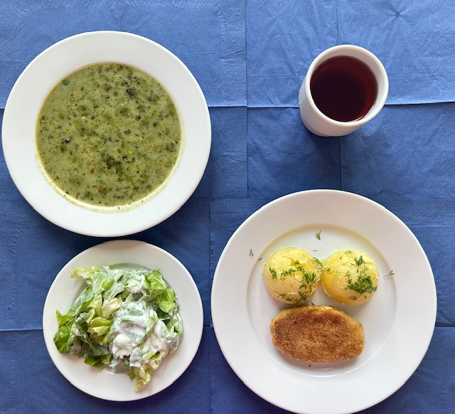 na talerzach zupa szpinakowa z ryżem, kotlet drobiowo- warzywny smażony, ziemniaki, sałata z jogurtem, w kubku kompot 