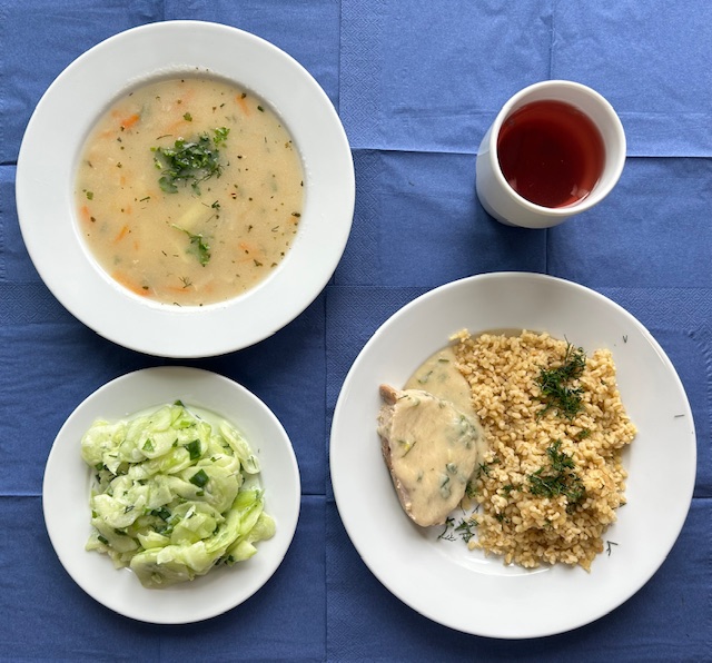 na talerzach zupa grysikowa wiedeńska, kasza bulgur, schab duszony w sosie pietruszkowym, mizeria ze szczypiorkiem, w kubku kompot 