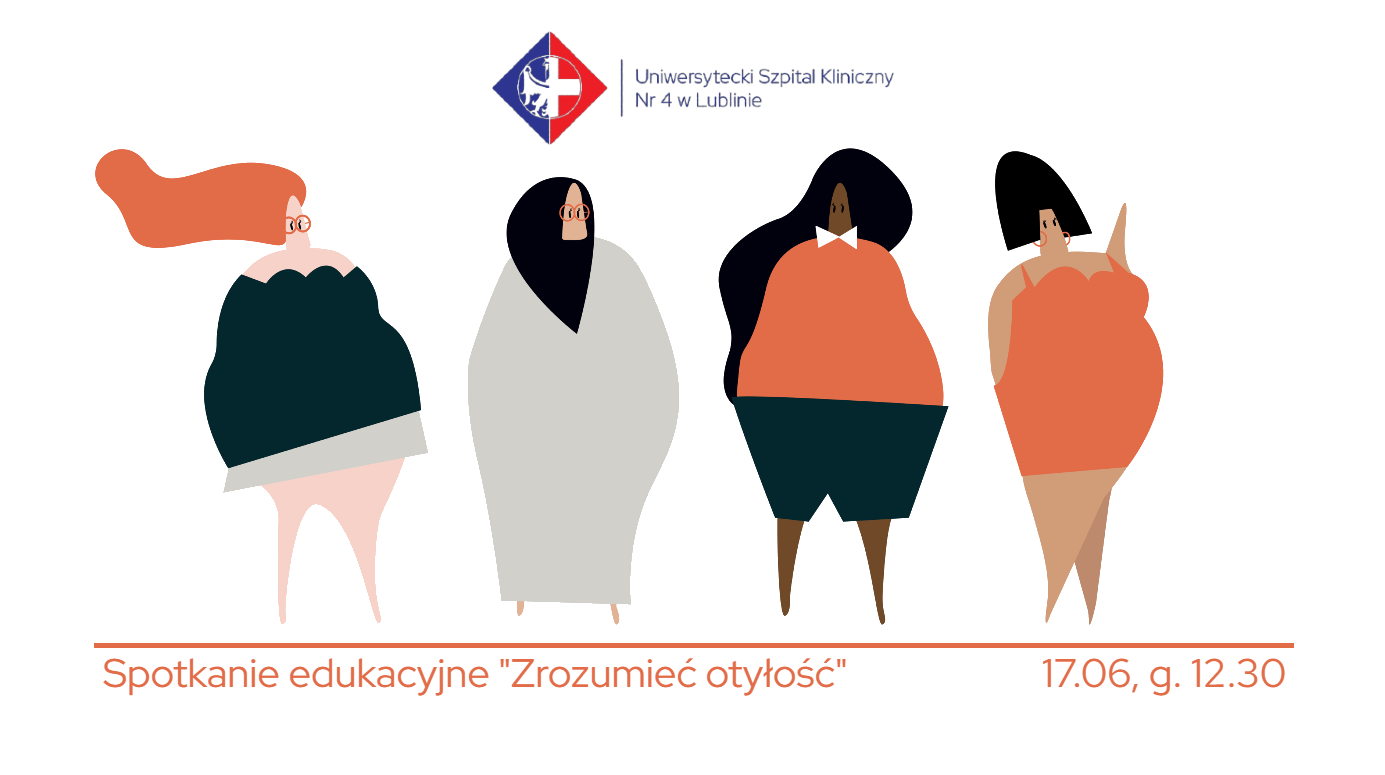 Grafika przedstawiające cztery kobiety z otyłością w czasrno-pomarańczowych ubraniach. Nad nimi logo USK Nr 4 w Lublinie, pod nimi napis