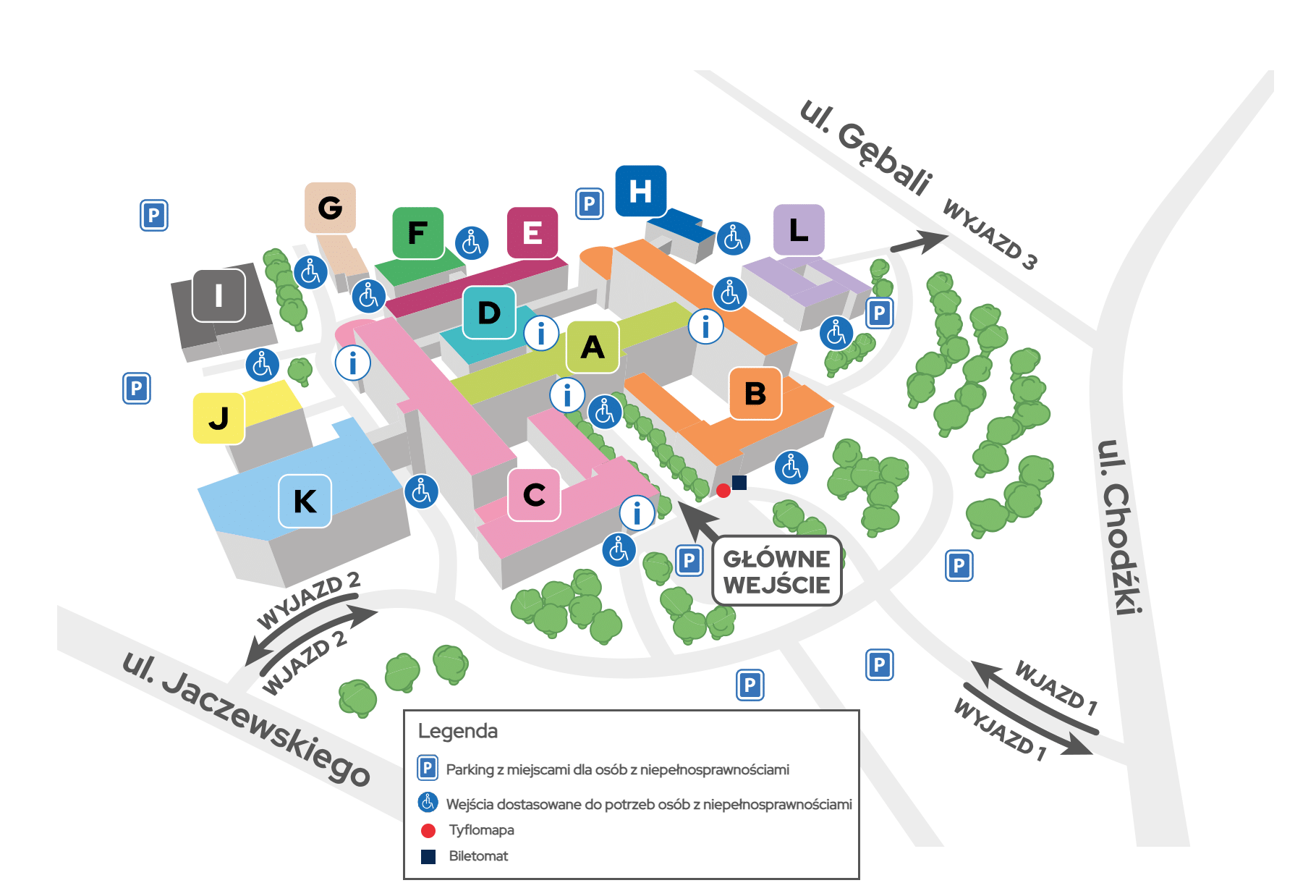 Mapa szpitala z lokalizacją oddziałów oraz zakładów z podziałem na strefy, parkingi oraz wejścia dla osób z niepełnosprawnością. Szczegółowe informacje zawiera opis poniżej mapy.