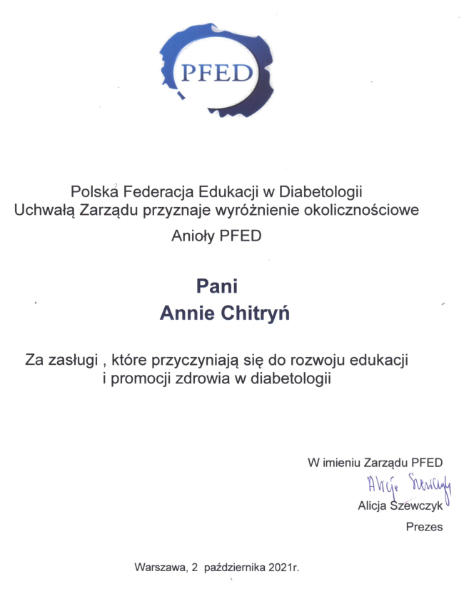 Dyplom przyznany Pani Annie Chitryń.