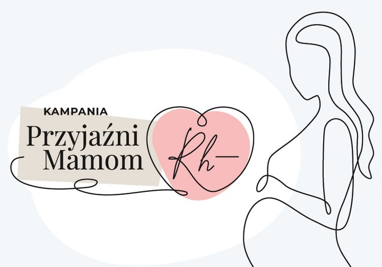 Plakat kampanii z rysunkiem z kobiety w ciąży i napisem: Kampania Przyjaźni Mamom Rh-