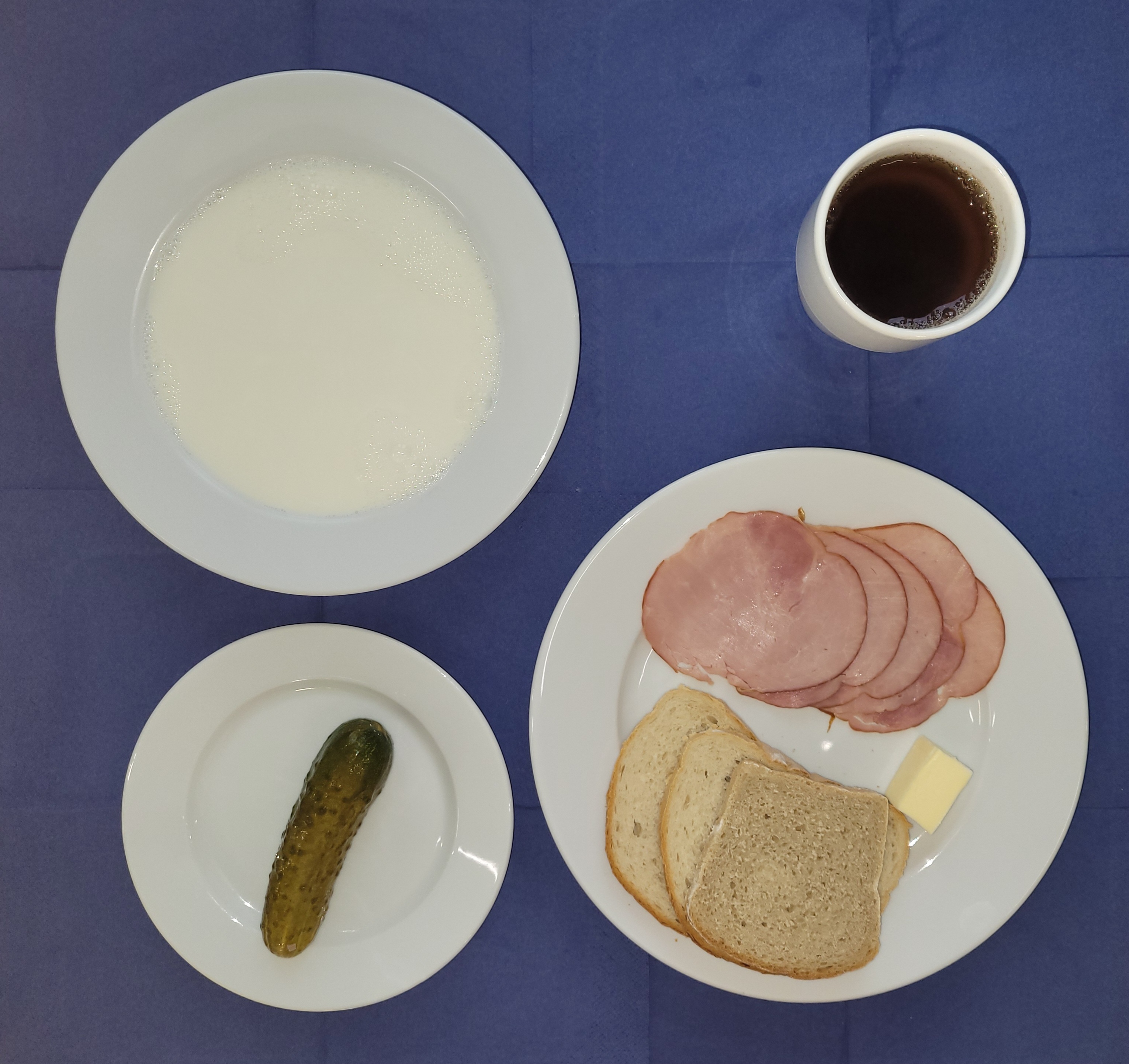 na talerzach płatki jęczmienne na mleku, chleb sitkowy, chleb pszenny, masło, ogórek małosolny, szynka gotowana, w kubku herbata z cytryną