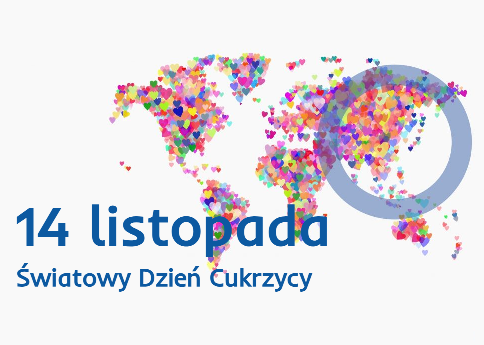Grafika - mapa świata złożona z kolorowych serduszek, na niej błękitny okrąg i niebieski napis: "14 listopada Światowy Dzień Cukrzycy"